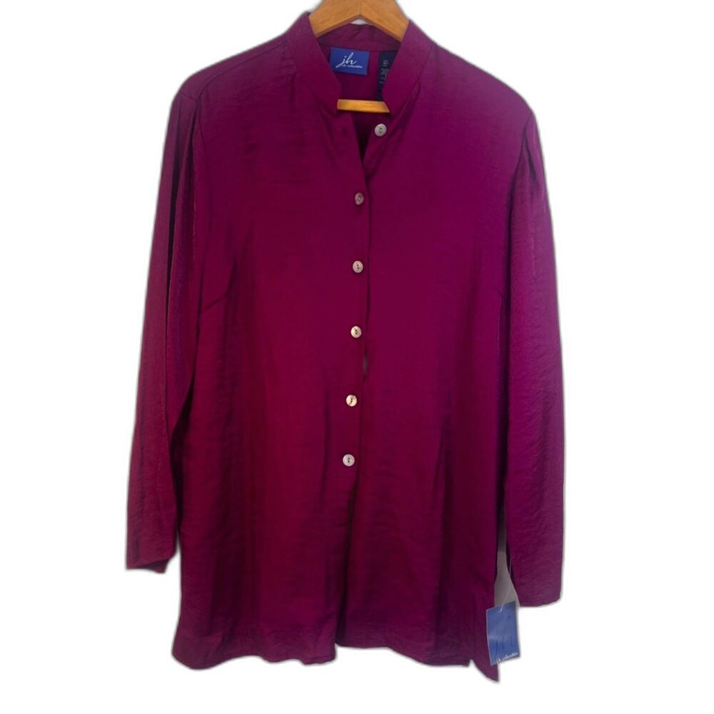 JH Collectibles NWT Glossy Mandarin Collar Button Up Tunic Blouse Size Large‎